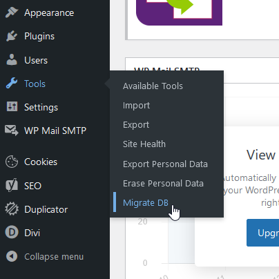 Wordpress-Plugin Migrate DB im Menü öffnen
