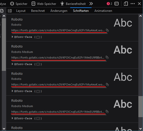 Verwendete Google Fonts im Firefox anzeigen