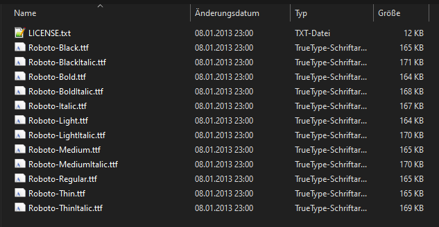 Roboto Font Family Ordnerstruktur